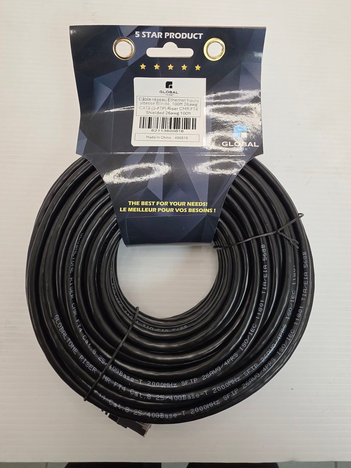 Câble CAT8 blindé (S-FTP) colonne montante CMR, 26 AWG, 100 pi, noir
