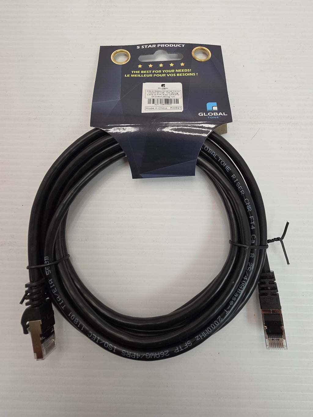 Câble CAT8 blindé (S-FTP) colonne montante CMR, 26 AWG, 10 pi, noir