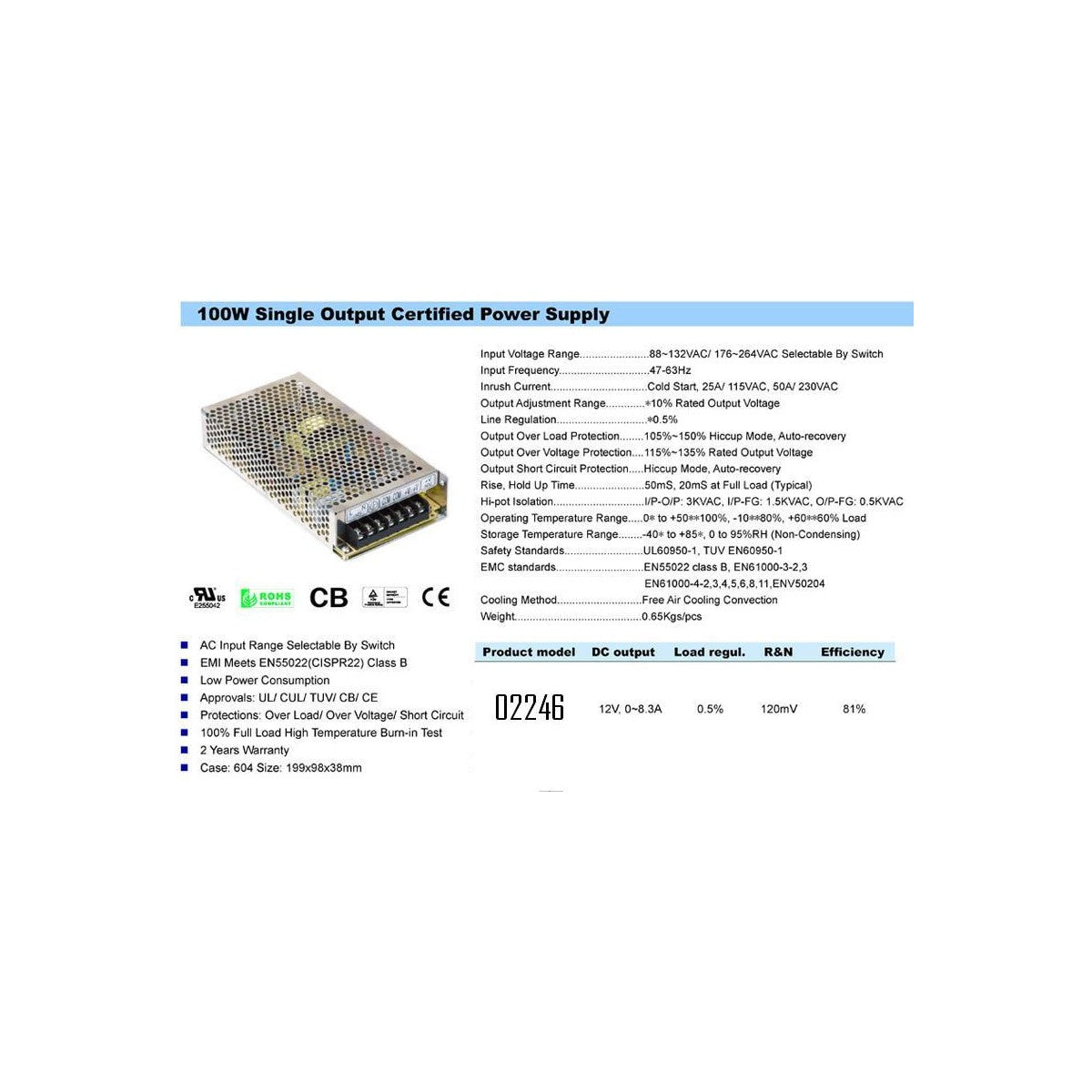 Bloc d'alimentation 12 V CC 8,3 A, boîtier aluminium, certifié