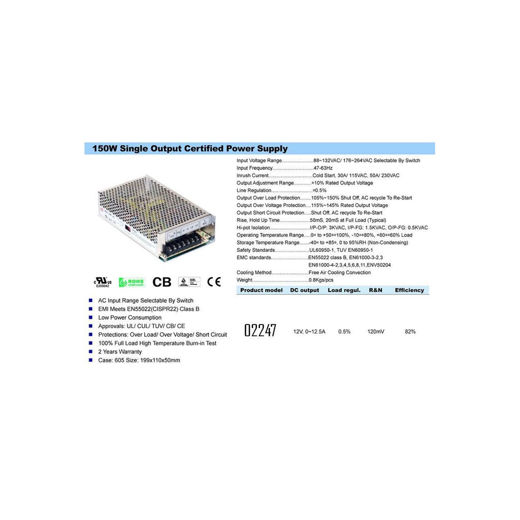 Bloc d'alimentation 12 V CC 12,5 A, boîtier aluminium, certifié