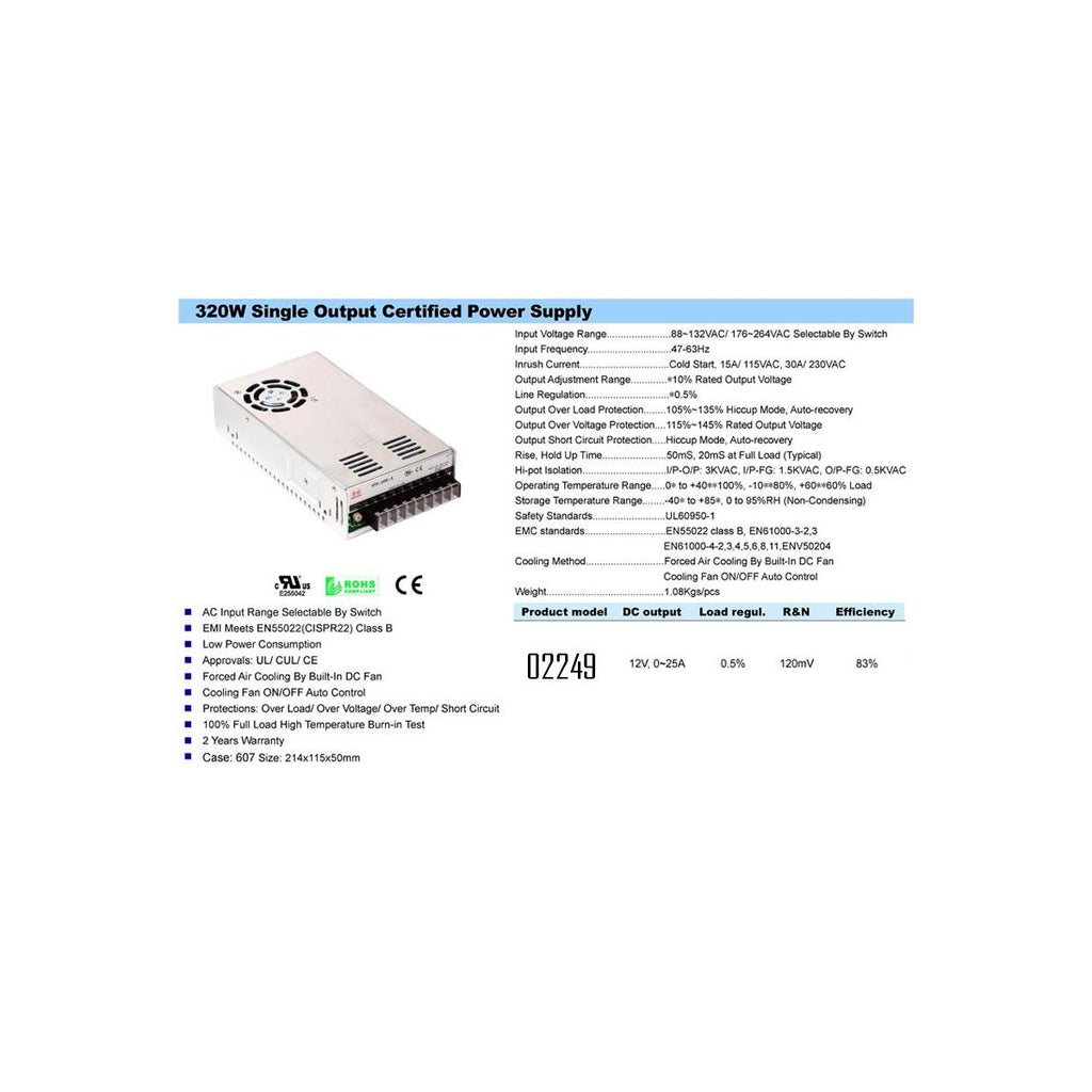 Bloc d'alimentation 12 V CC 25 A, boîtier aluminium, certifié