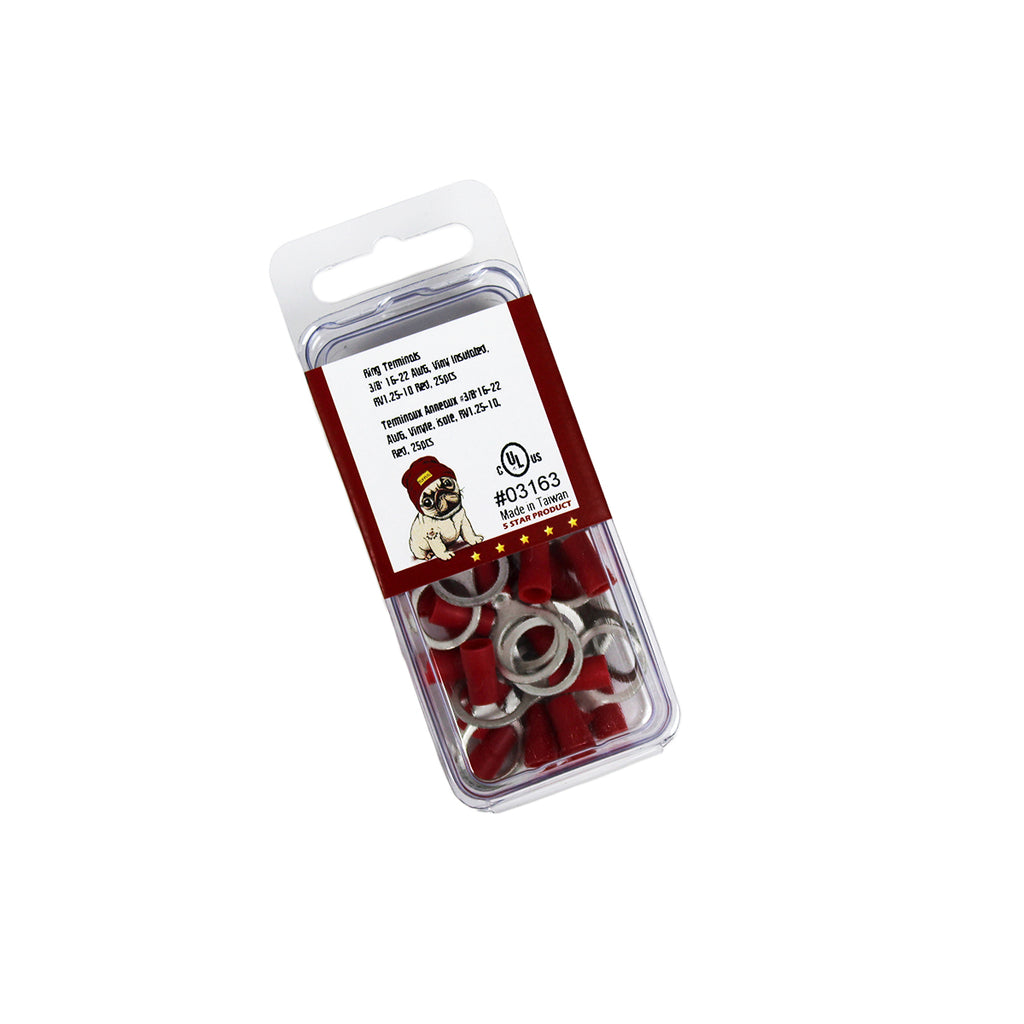 Cosses à anneau 3/8 po, 22-16 AWG, vinyle, rouge, sac de 25