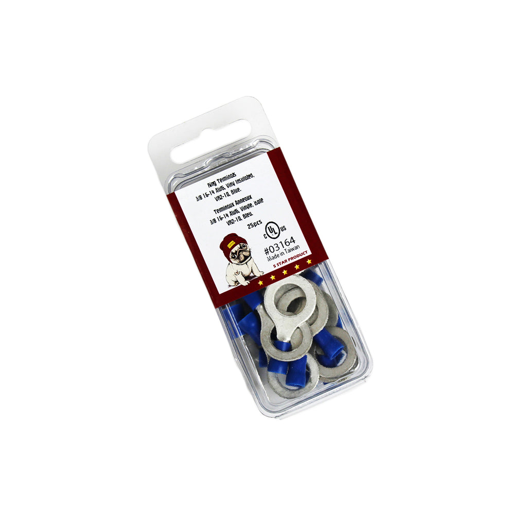 Cosses à anneau 3/8 po, 16-14 AWG, vinyle, bleu, sac de 25