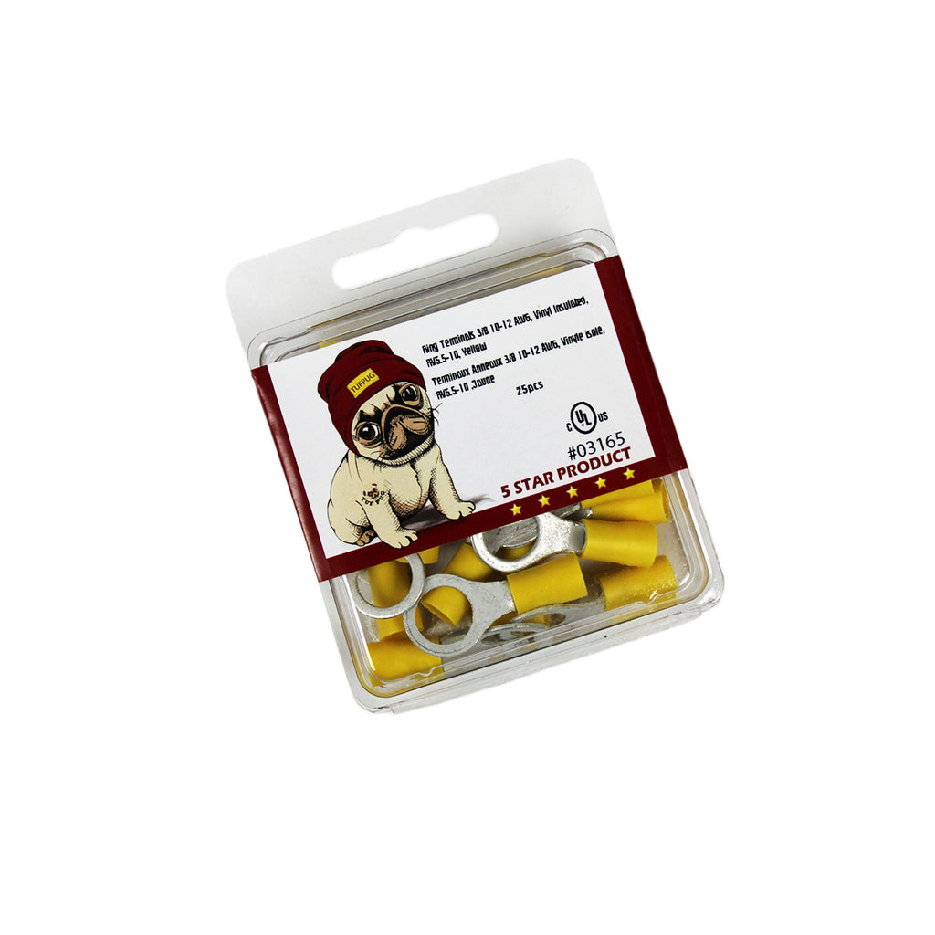 Cosses à anneau 3/8 po, 12-10 AWG, vinyle, jaune, sac de 25