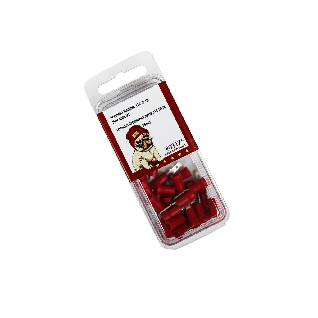Cosses à déconnexion rapide mâles 0,110 po, 22-18 AWG, vinyle, sac de 25