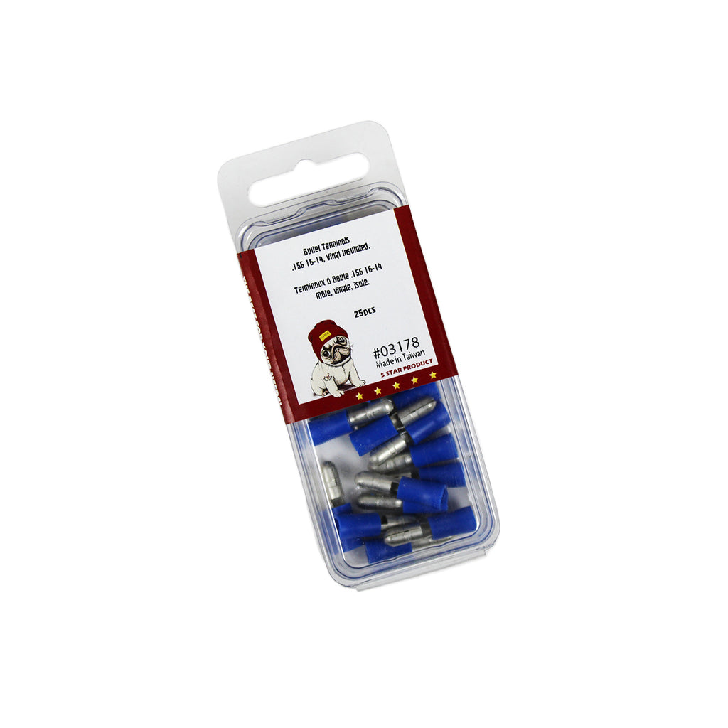 Cosses balle mâles 0,156 po, 16-14 AWG, vinyle, bleu, sac de 25