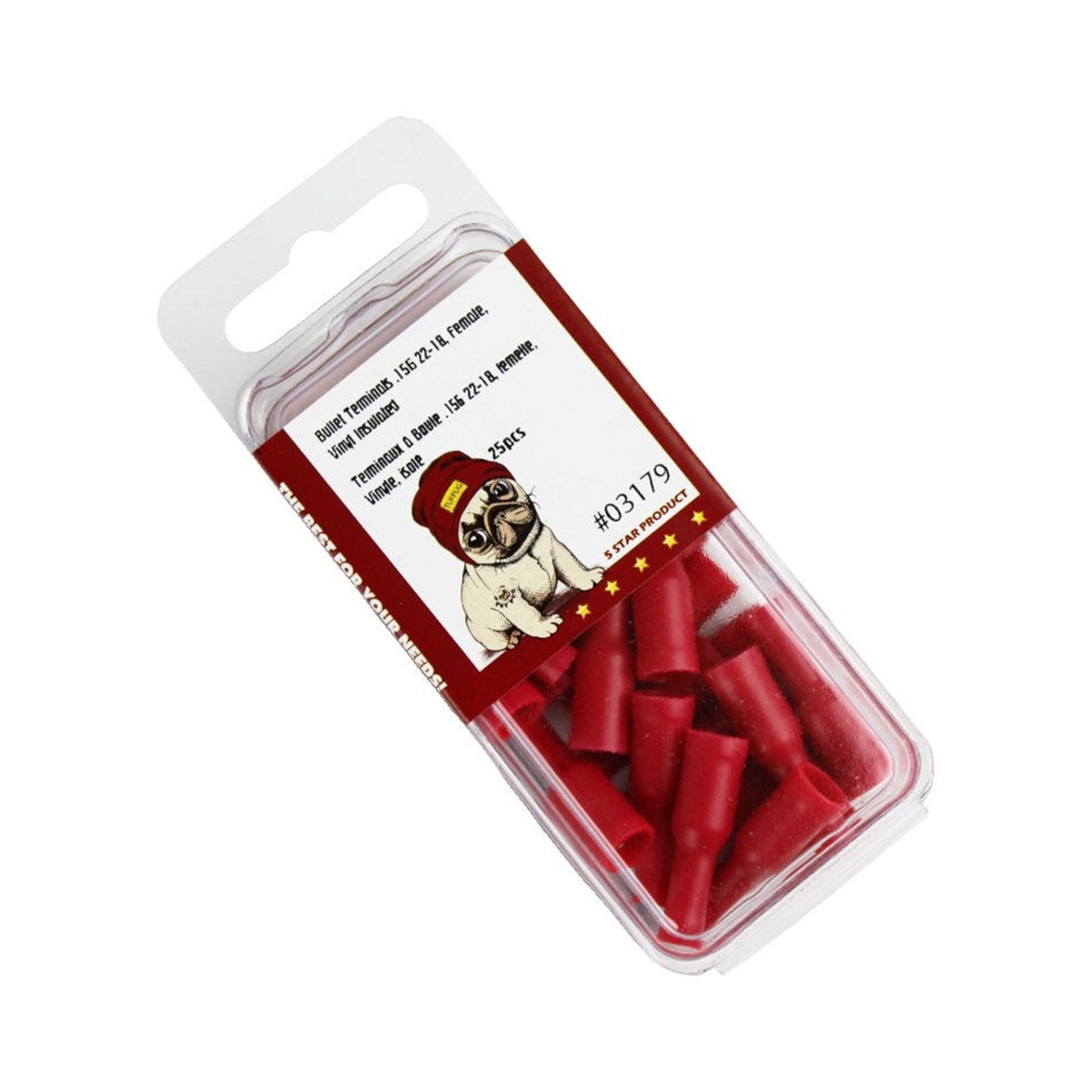 Cosses balle femelles 0,156 po, 22-18 AWG, vinyle, rouge, sac de 25