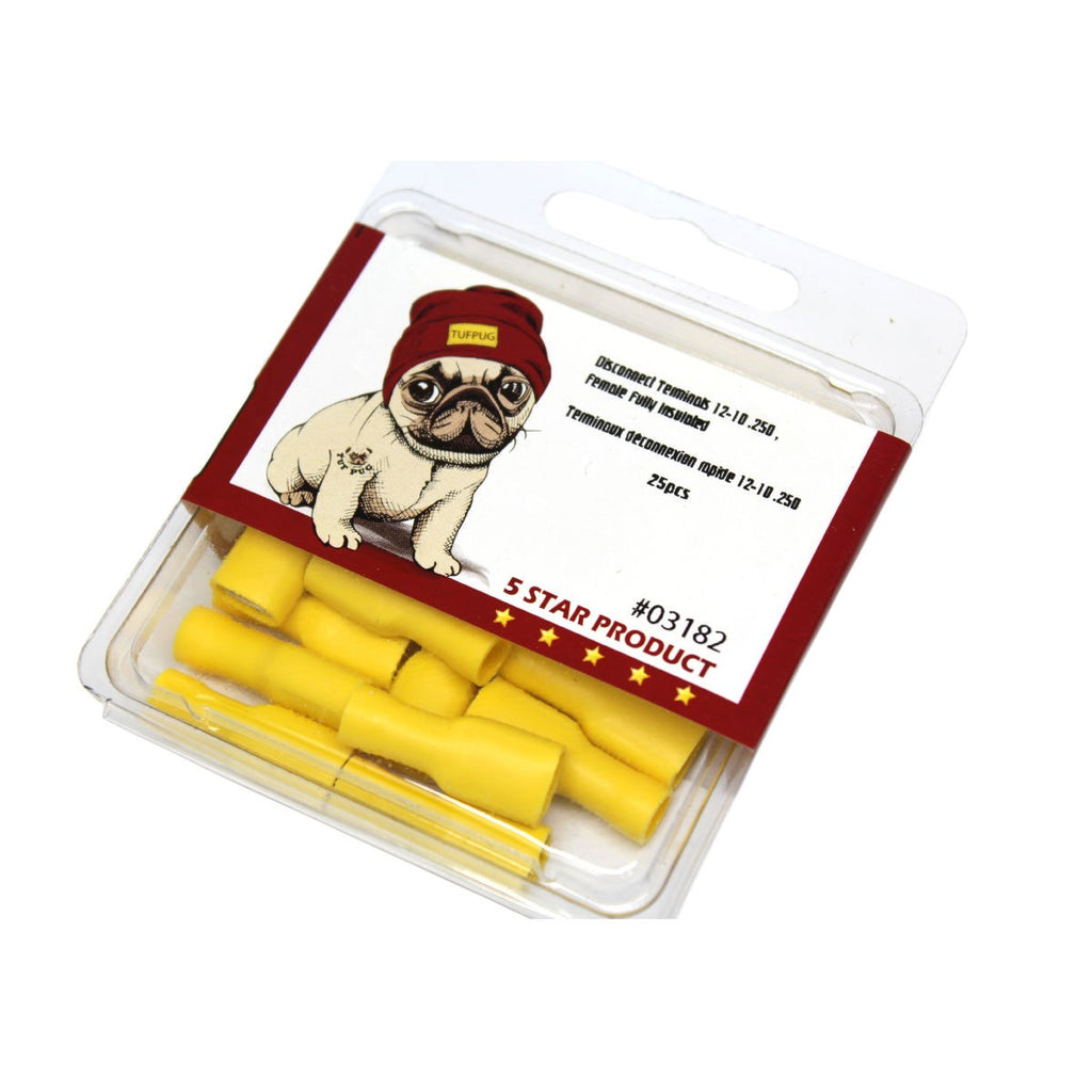 Cosses à déconnexion rapide femelles 0,250 po, 12-10 AWG, vinyle entièrement isolé, sac de 25