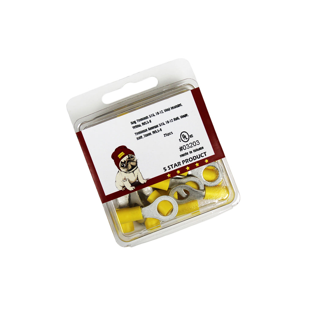 Cosses à anneau 5/16 po, 12-10 AWG, vinyle, jaune, sac de 25