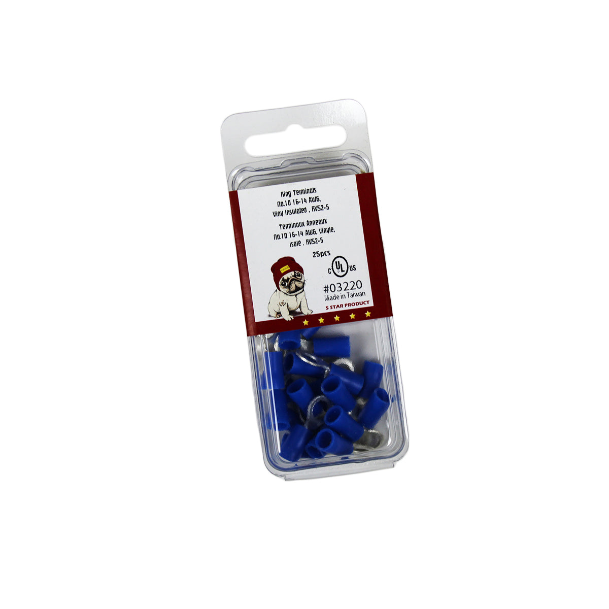 Cosses à anneau n° 10, 16-14 AWG, vinyle, bleu, sac de 25
