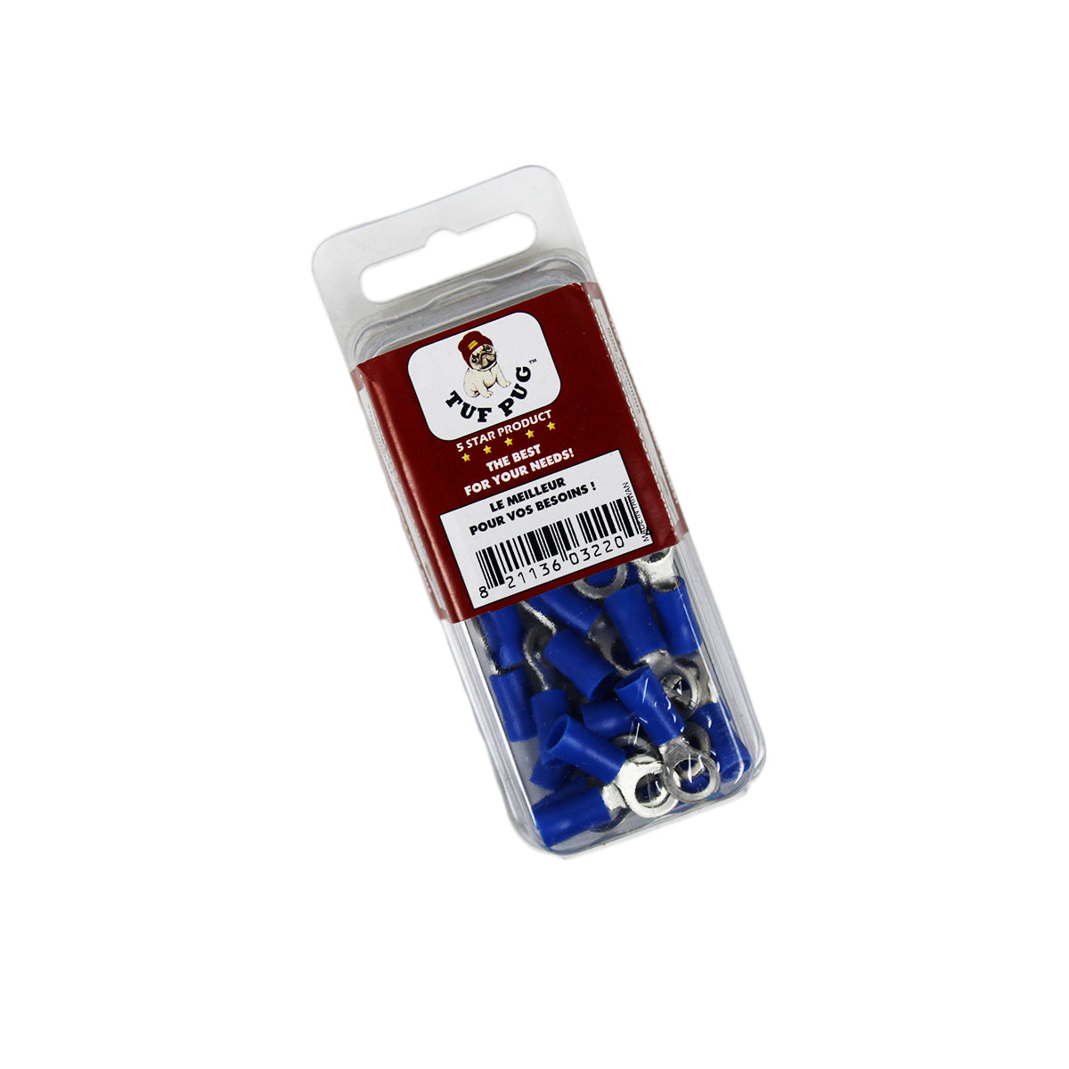 Cosses à anneau n° 10, 16-14 AWG, vinyle, bleu, sac de 25