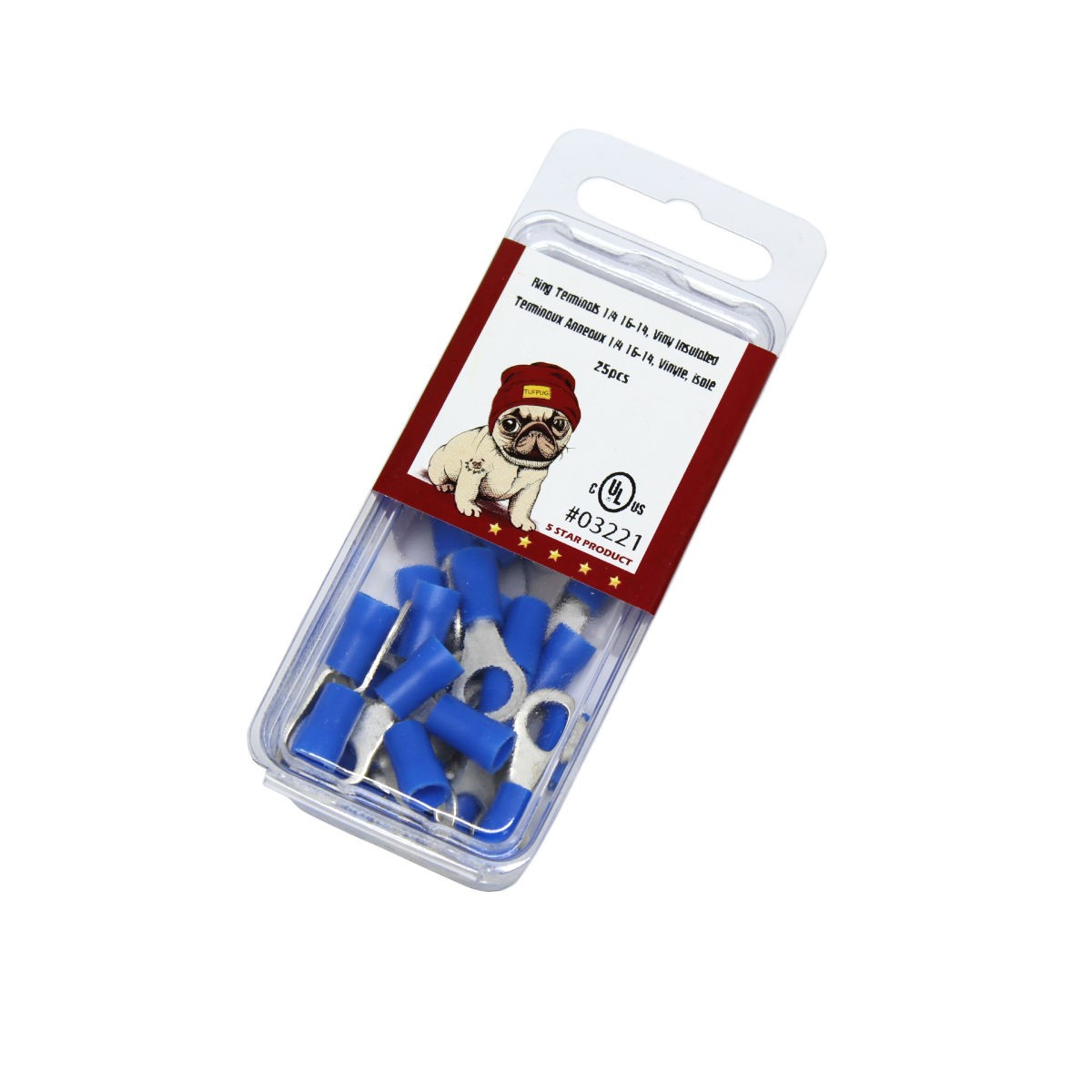 Cosses à anneau 1/4 po, 16-14 AWG, vinyle, bleu, sac de 25