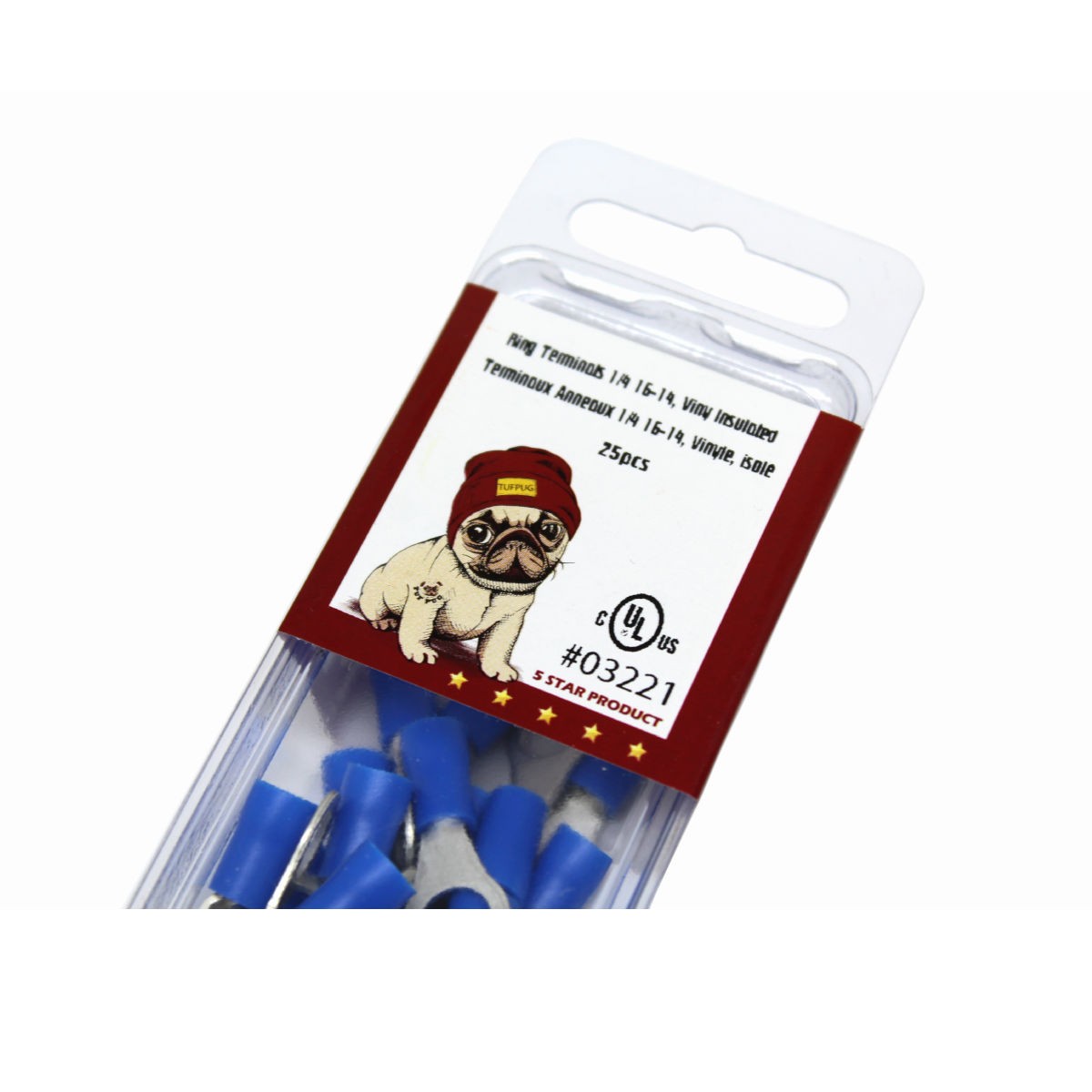 Cosses à anneau 1/4 po, 16-14 AWG, vinyle, bleu, sac de 25
