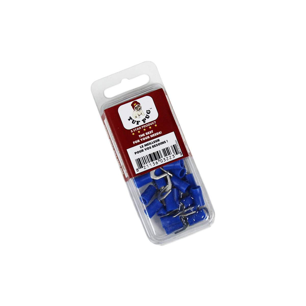Cosses à fourche n° 8, 16-14 AWG, vinyle, bleu, sac de 25