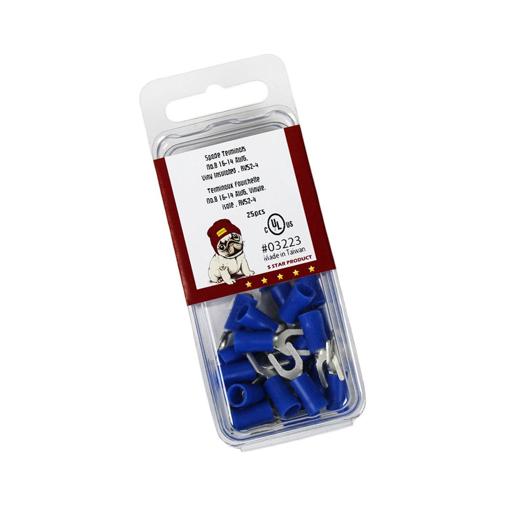 Cosses à fourche n° 8, 16-14 AWG, vinyle, bleu, sac de 25