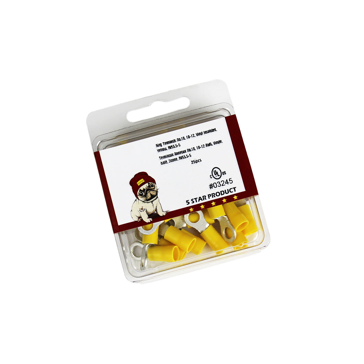 Cosses à anneau n° 10, 12-10 AWG, vinyle, jaune, sac de 25