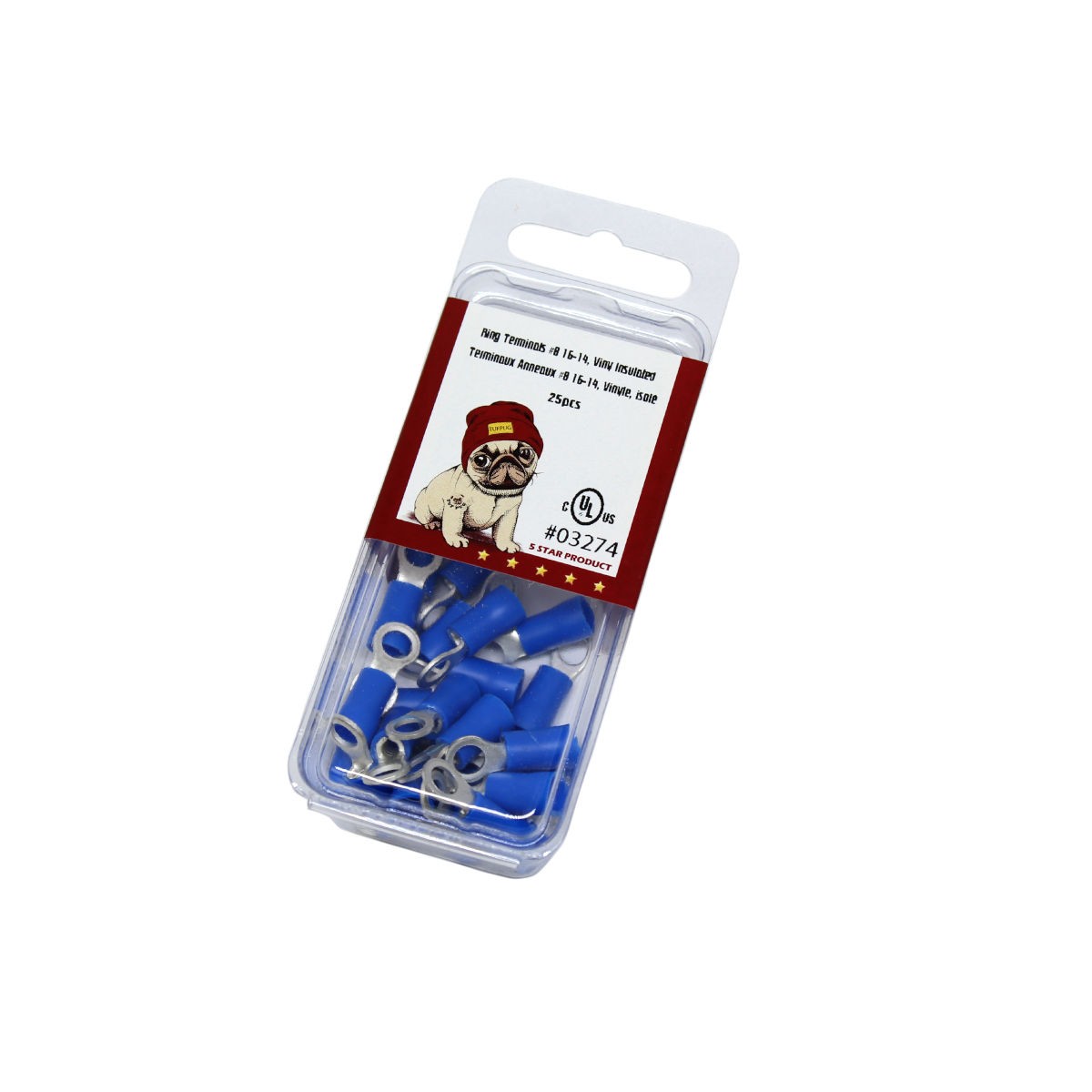 Cosses à anneau n° 8, 16-14 AWG, vinyle, bleu, sac de 25