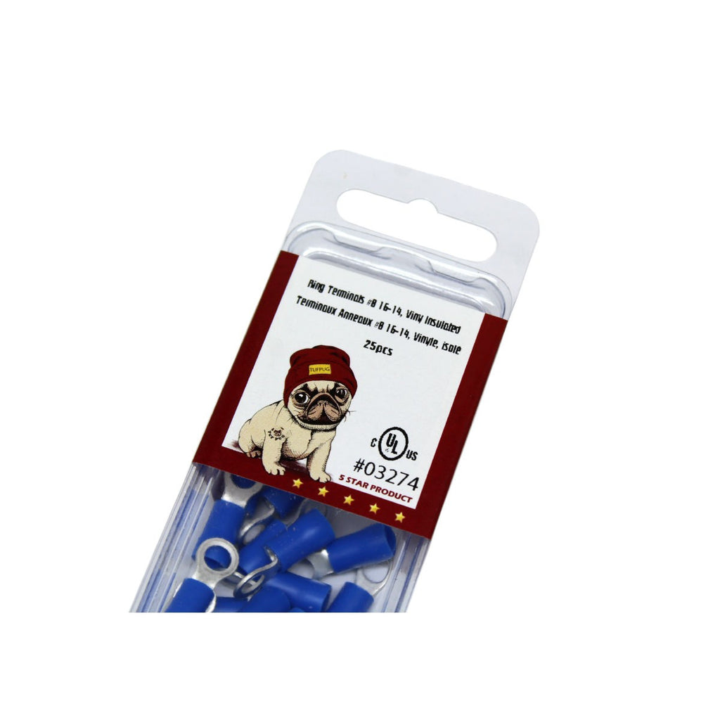 Cosses à anneau n° 8, 16-14 AWG, vinyle, bleu, sac de 25