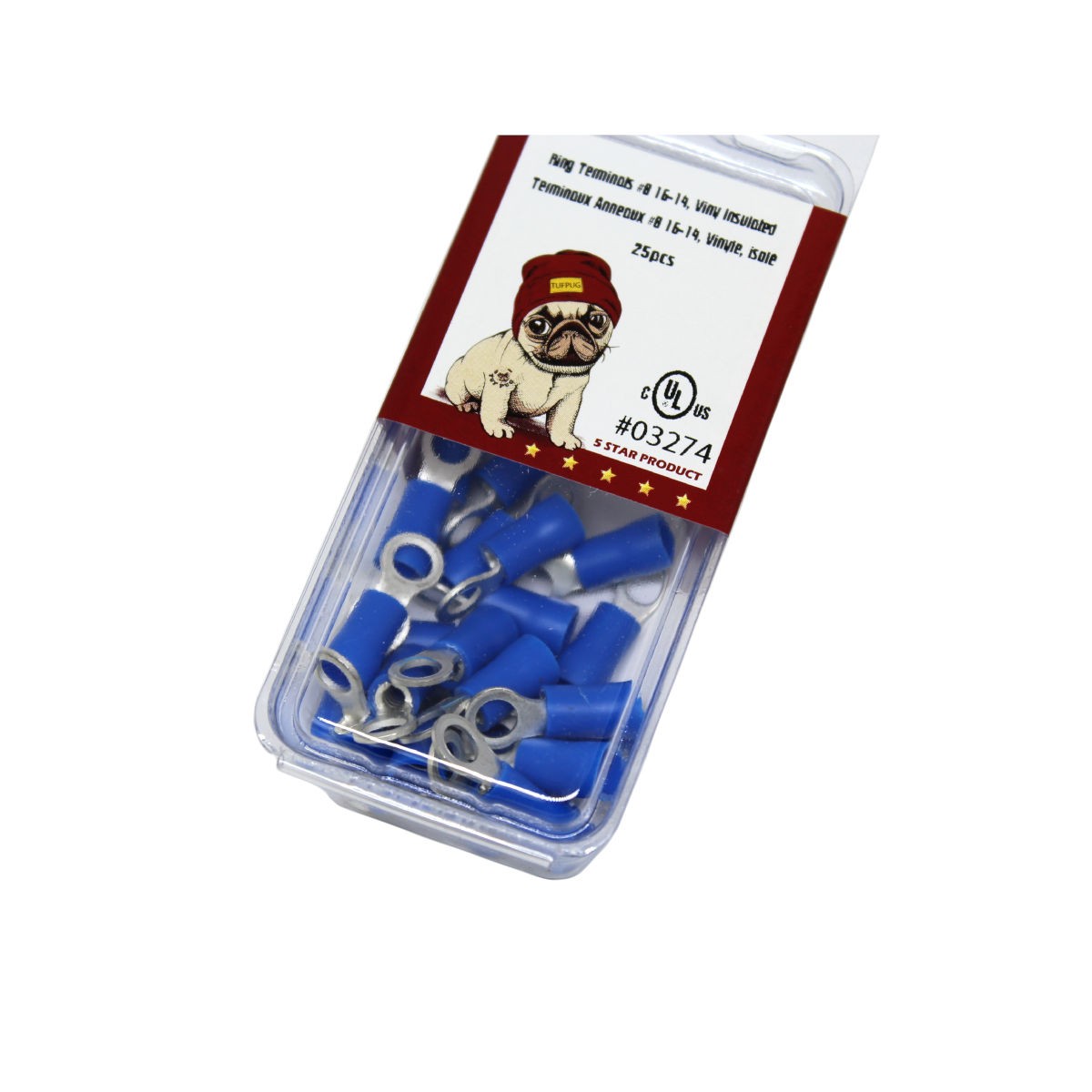 Cosses à anneau n° 8, 16-14 AWG, vinyle, bleu, sac de 25