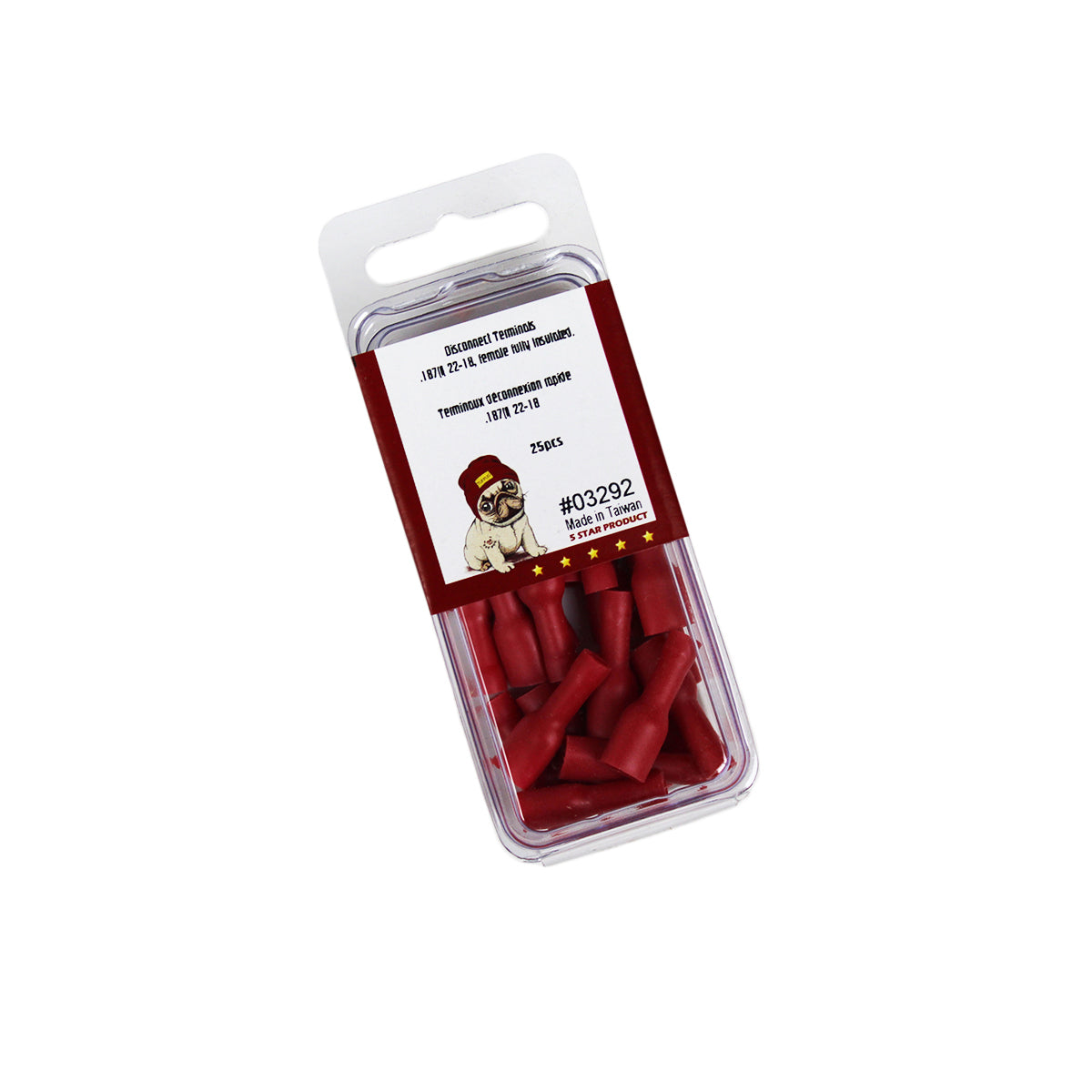 Cosses à déconnexion rapide femelles 0,187 po, 22-18 AWG, vinyle entièrement isolé, sac de 25