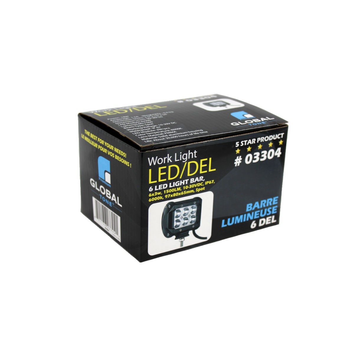 Barre lumineuse 6 DEL, 18 W, 1500 lm, 10-30 V CC, IP67, faisceau étroit