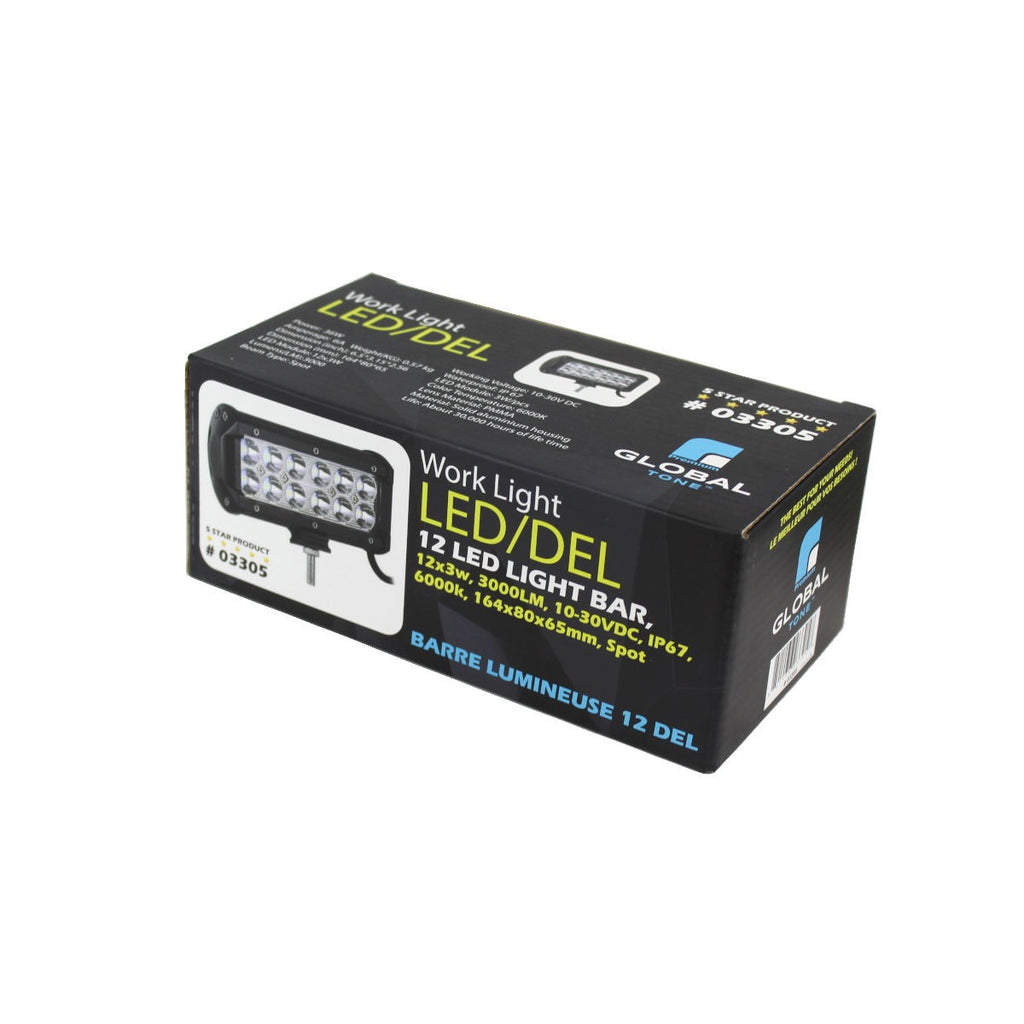 Barre lumineuse 12 DEL, 36 W, 3000 lm, 10-30 V CC, IP67, faisceau étroit