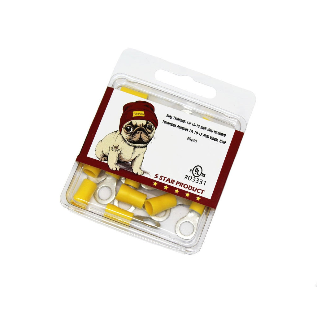 Cosses à anneau 1/4 po, 12-10 AWG, vinyle, jaune, sac de 25