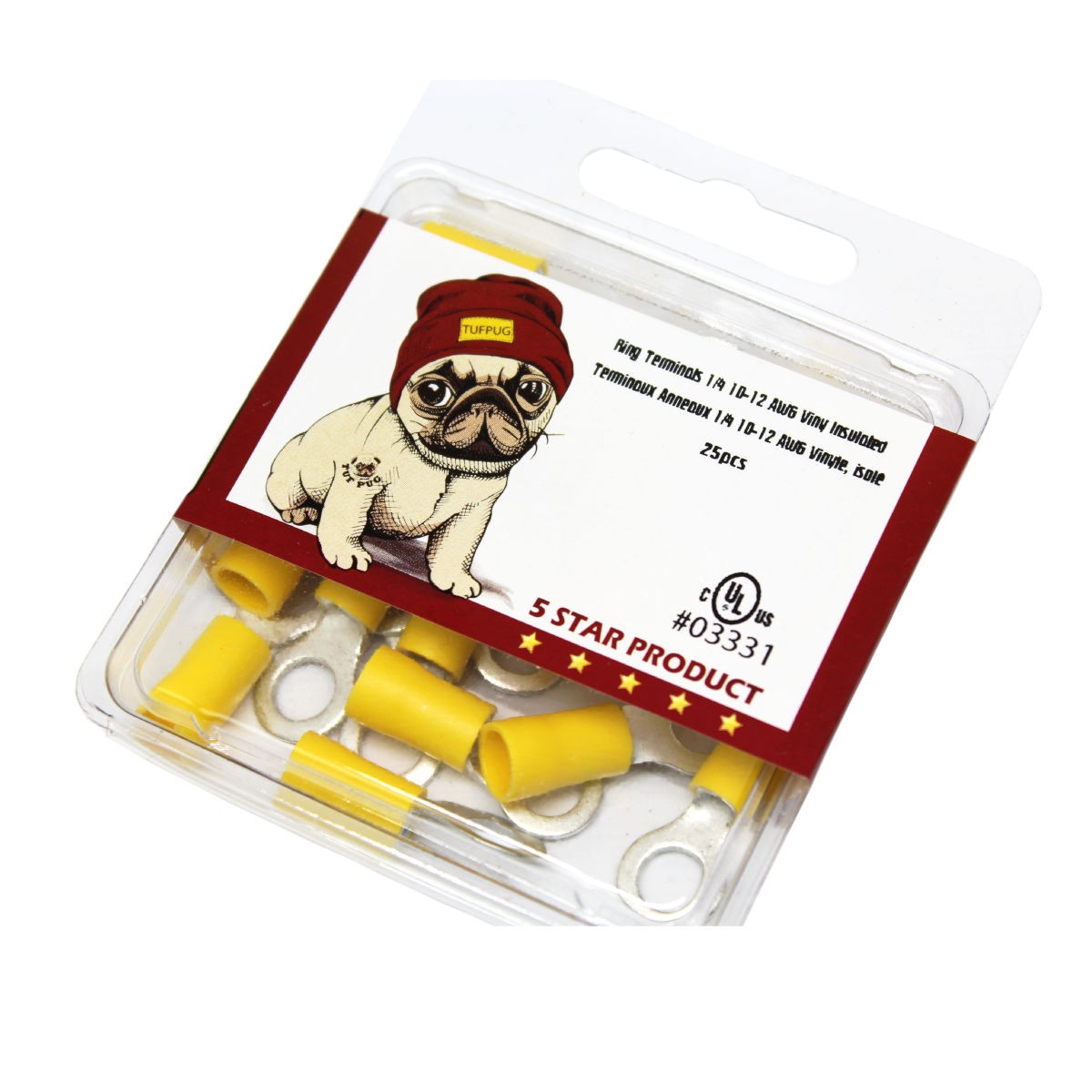 Cosses à anneau 1/4 po, 12-10 AWG, vinyle, jaune, sac de 25
