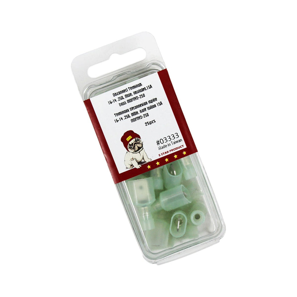 Cosses à déconnexion rapide mâles 0,250 po, 16-14 AWG, nylon, laiton, 15 A, sac de 25