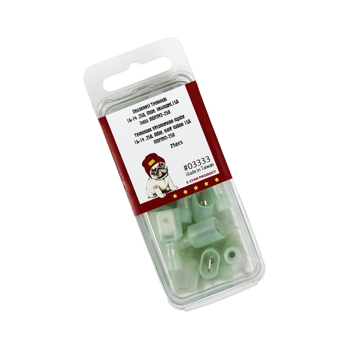 Cosses à déconnexion rapide mâles 0,250 po, 16-14 AWG, nylon, laiton, 15 A, sac de 25