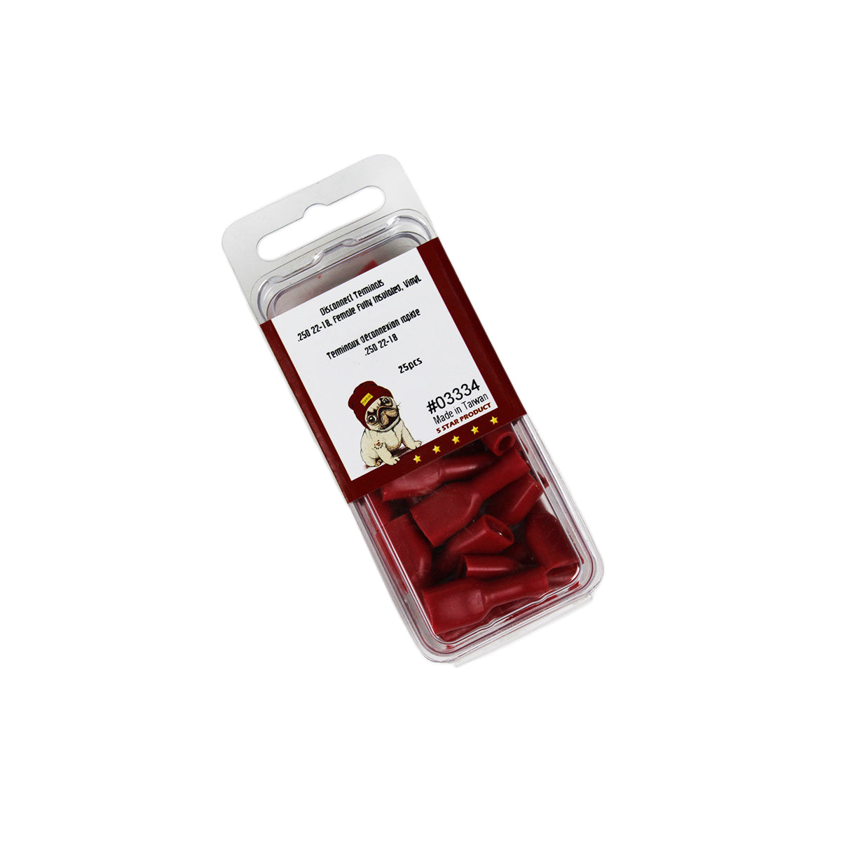 Cosses à déconnexion rapide femelles 0,250 po, 22-18 AWG, vinyle entièrement isolé, sac de 25