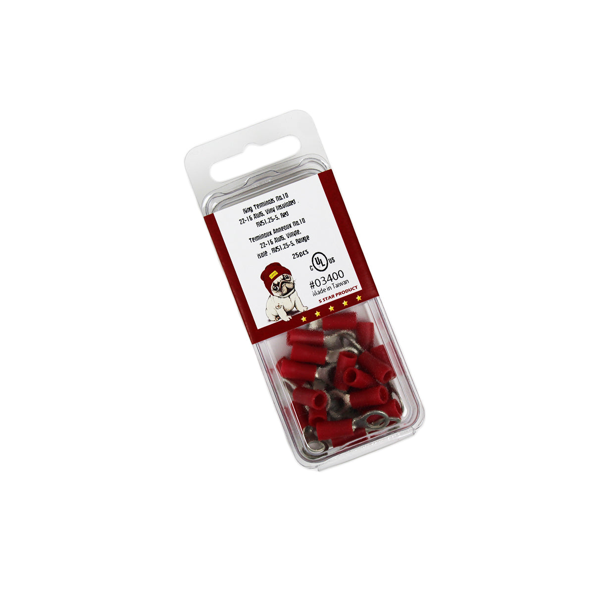 Cosses à anneau n° 10, 22-16 AWG, vinyle, rouge, sac de 25