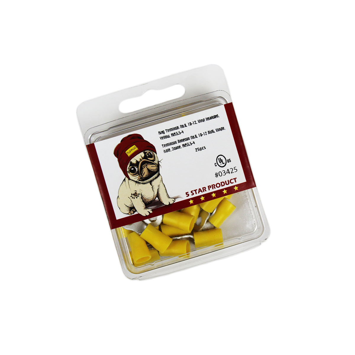Cosses à anneau n° 8, 12-10 AWG, vinyle, jaune, sac de 25