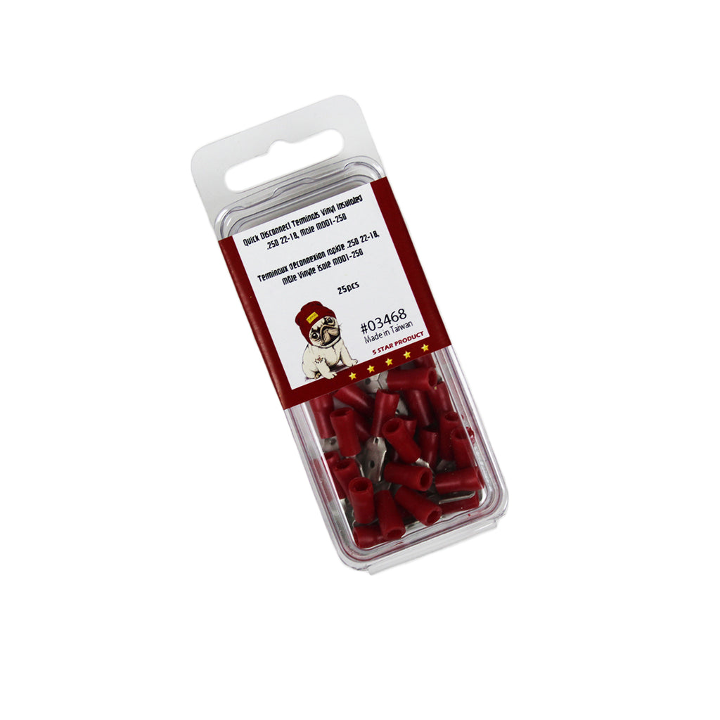 Cosses à déconnexion rapide mâles 0,250 po, 22-18 AWG, vinyle, sac de 25