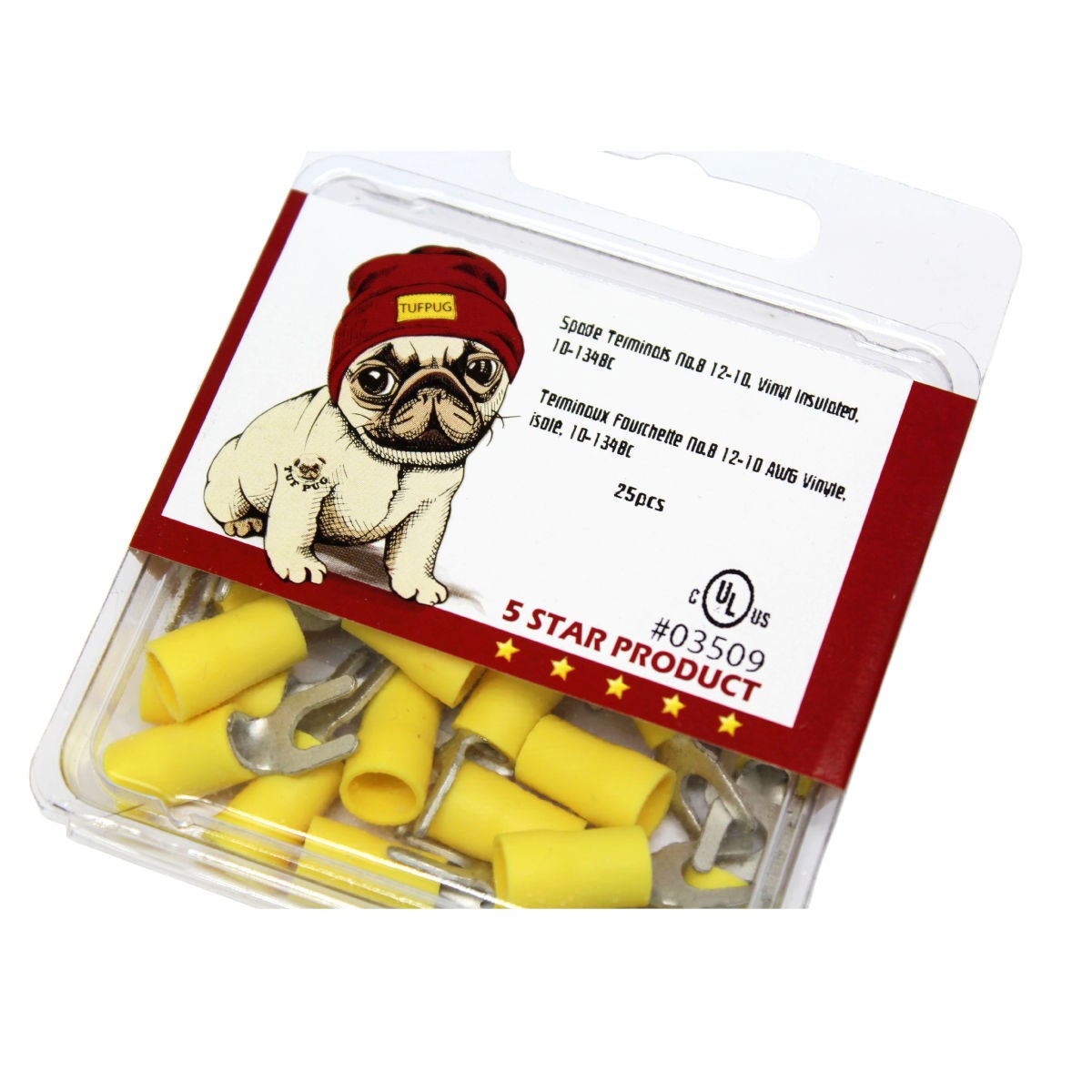 Cosses à fourche n° 8, 12-10 AWG, vinyle, jaune, sac de 25