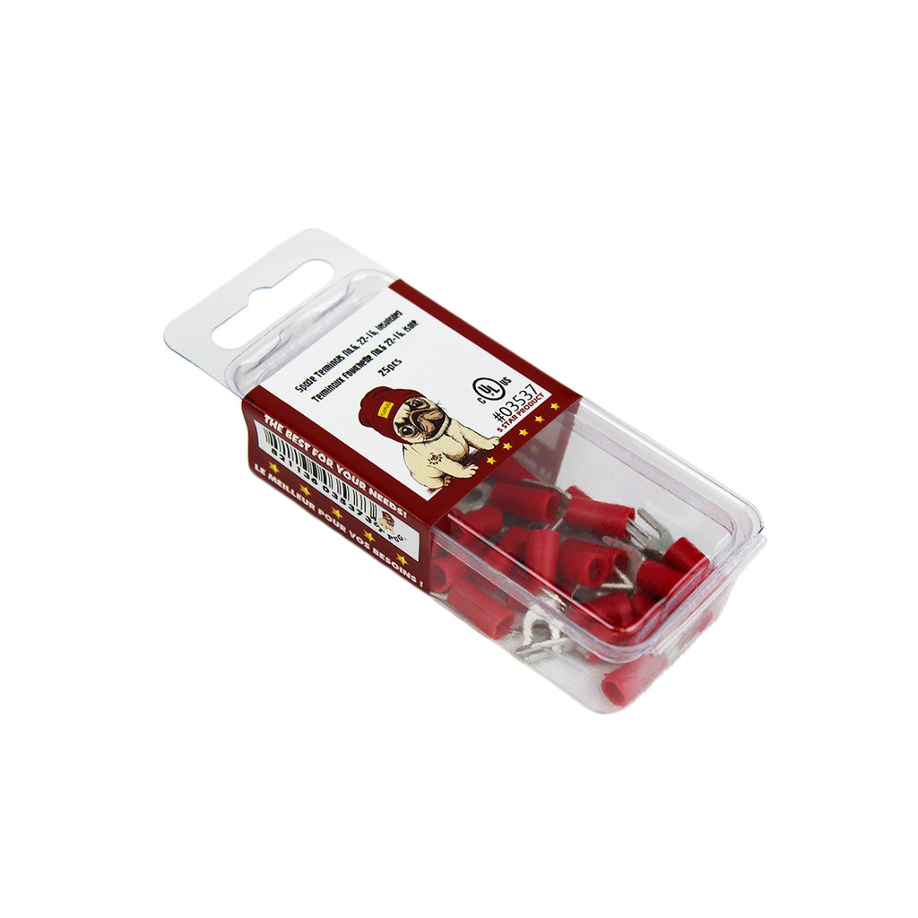 Cosses à fourche n° 6, 22-16 AWG, vinyle, rouge, sac de 25