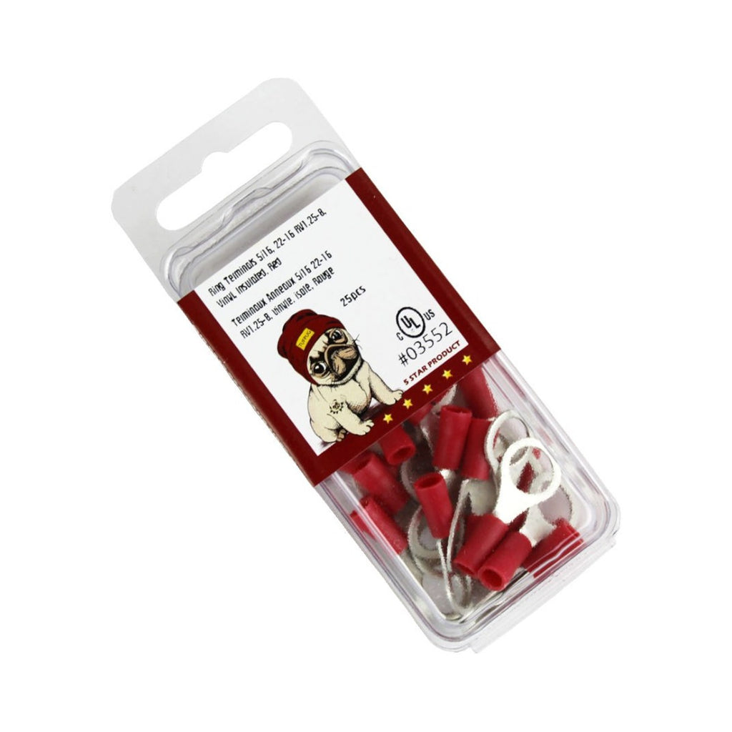 Cosses à anneau 5/16 po, 22-16 AWG, vinyle, rouge, sac de 25
