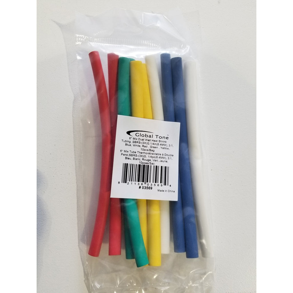 Gaine thermorétractable double paroi 3:1 avec colle, 1/4 po, bouts de 6 po, 5 couleurs, sac de 10