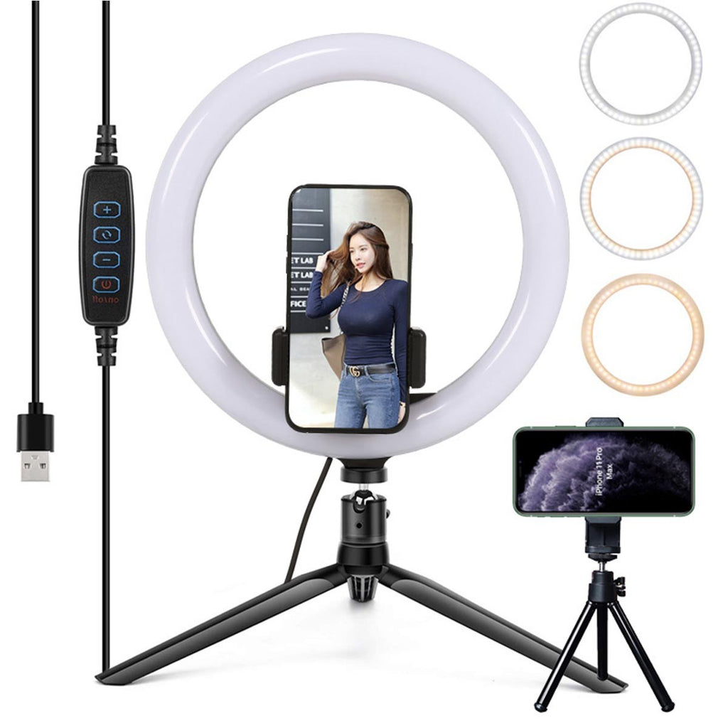 Lumière anneau 10" pour selfie avec 2 supports pour téléphone et 2 trépieds