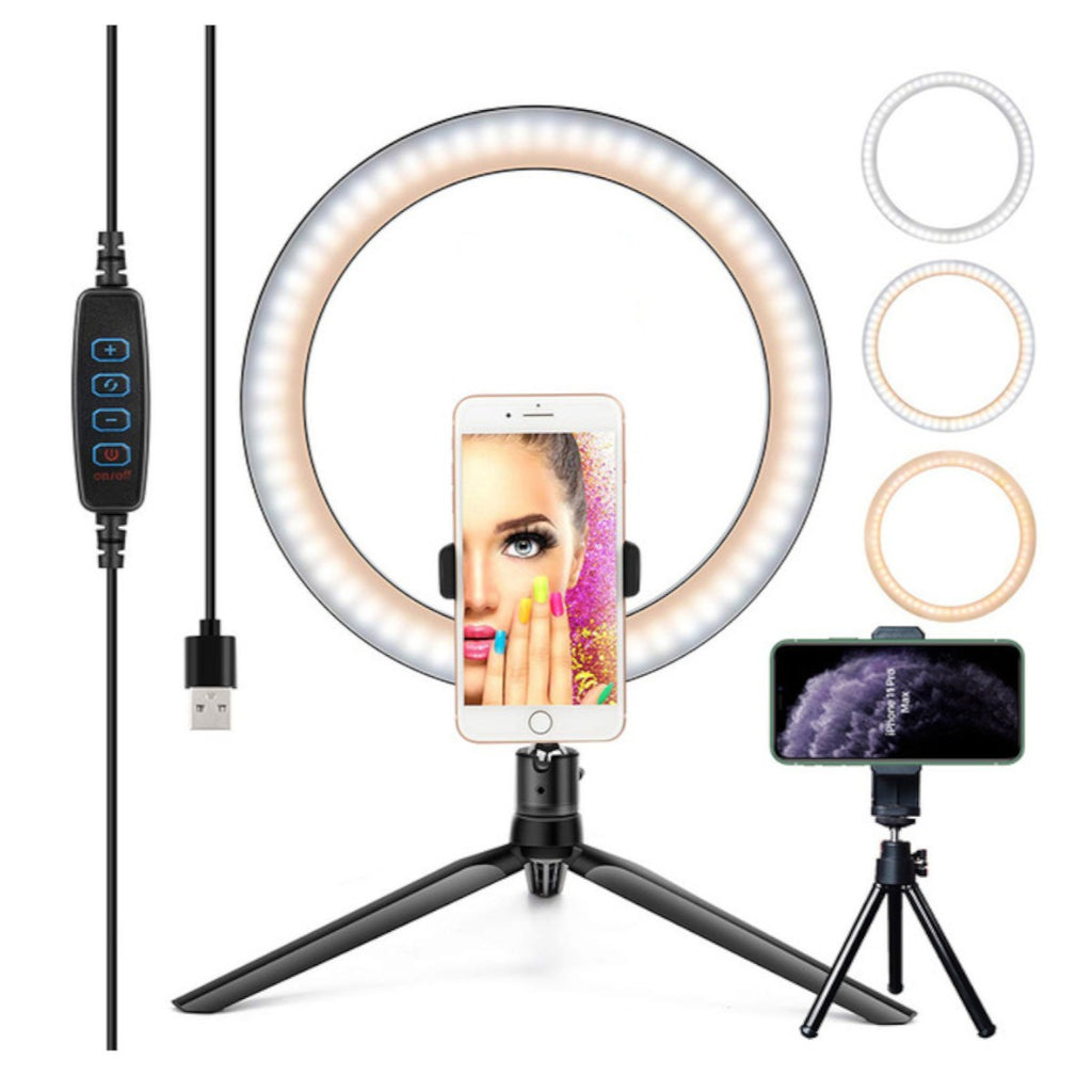 Lumière anneau 10" pour selfie avec 2 supports pour téléphone et 2 trépieds