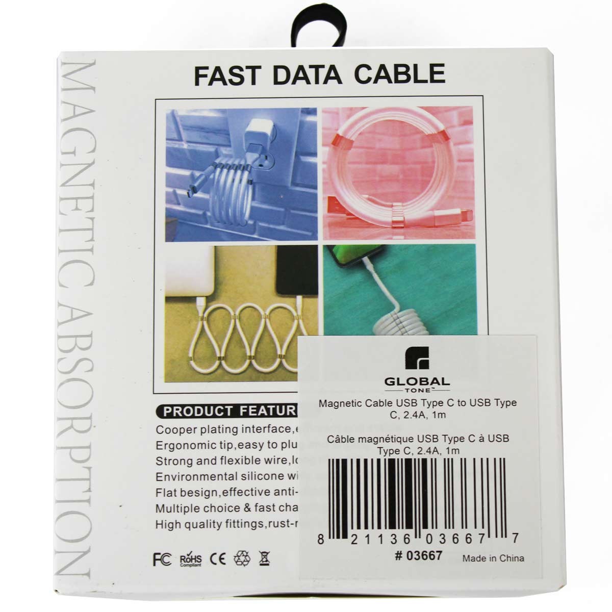 Câble magnétique USB-C vers USB-C, 2,4 A, 1 m