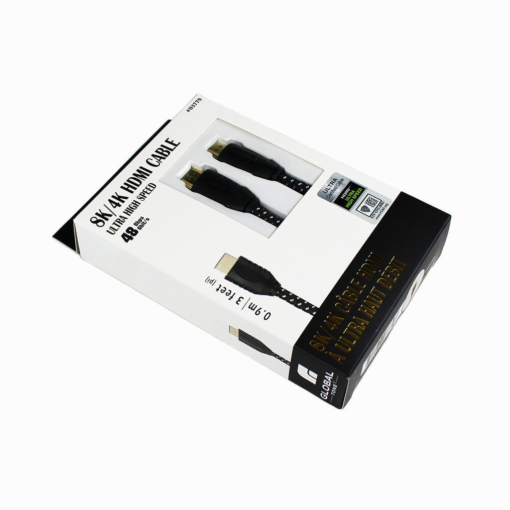 Globaltone Câble HDMI 2.1 8K 60 Hz / 4K 120 Hz, 48 Gbit/s, gaine nylon, 3 pi