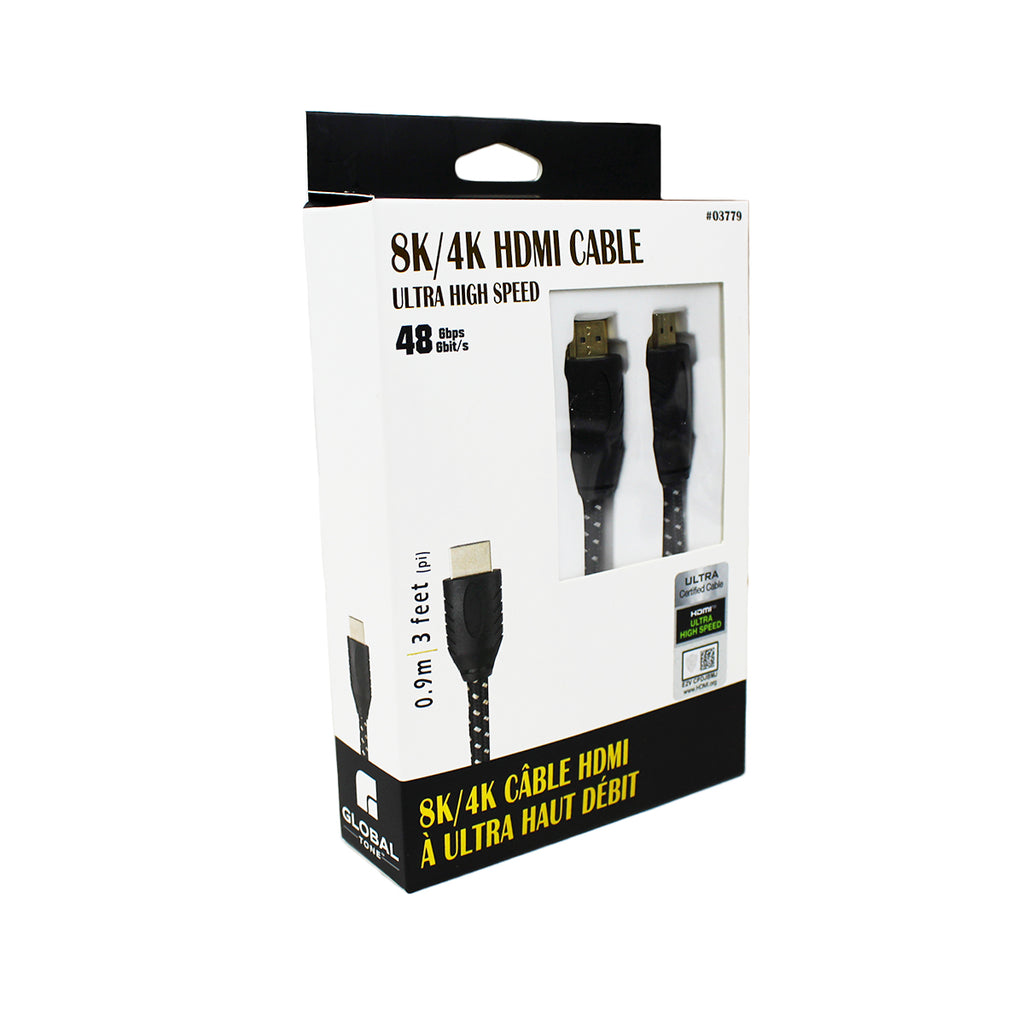 Globaltone Câble HDMI 2.1 8K 60 Hz / 4K 120 Hz, 48 Gbit/s, gaine nylon, 3 pi