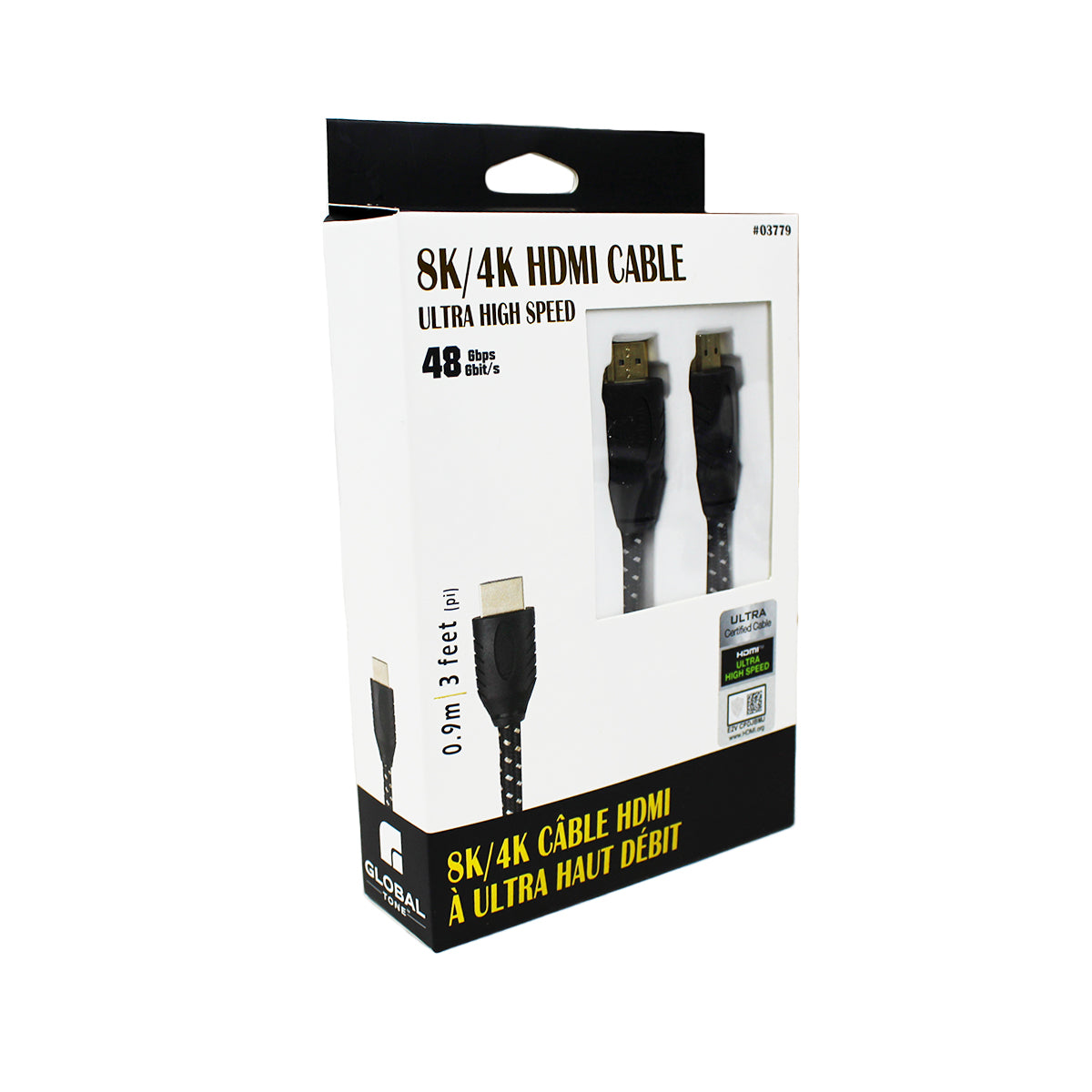 Globaltone Câble HDMI 2.1 8K 60 Hz / 4K 120 Hz, 48 Gbit/s, gaine nylon, 3 pi