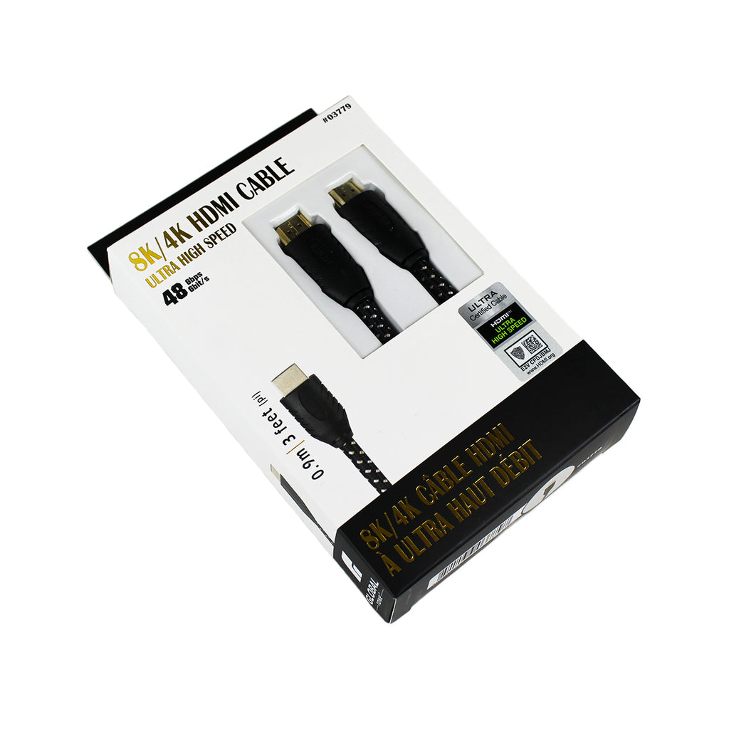 Globaltone Câble HDMI 2.1 8K 60 Hz / 4K 120 Hz, 48 Gbit/s, gaine nylon, 3 pi