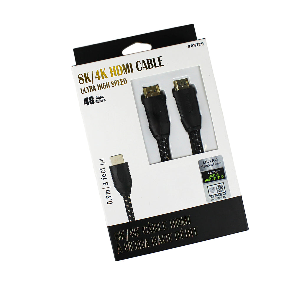 Globaltone Câble HDMI 2.1 8K 60 Hz / 4K 120 Hz, 48 Gbit/s, gaine nylon, 3 pi