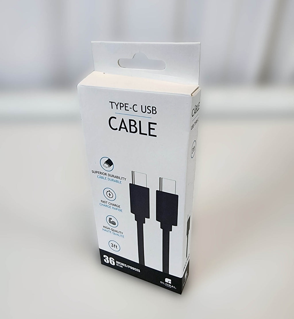 Globaltone Câble USB-C vers USB-C 60 W, charge et données, 3 pi, noir