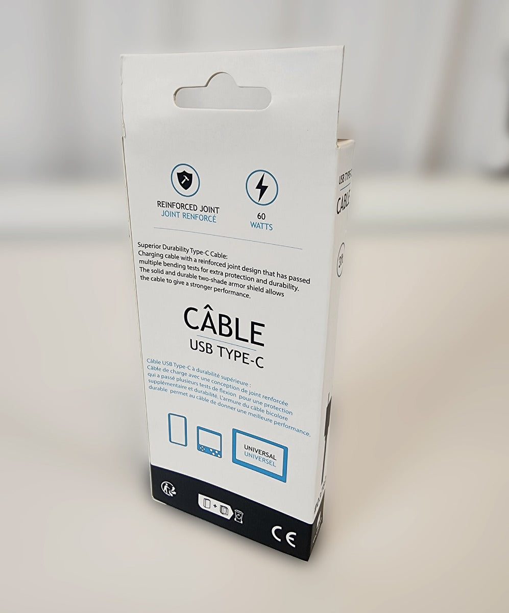 Globaltone Câble USB-C vers USB-C 60 W, charge et données, 3 pi, noir