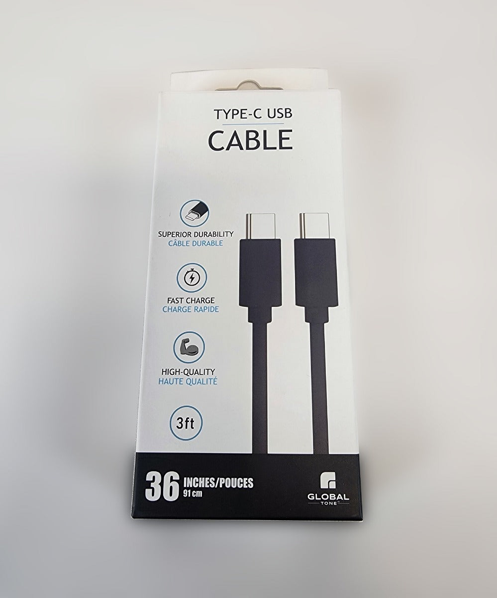 Globaltone Câble USB-C vers USB-C 60 W, charge et données, 3 pi, noir