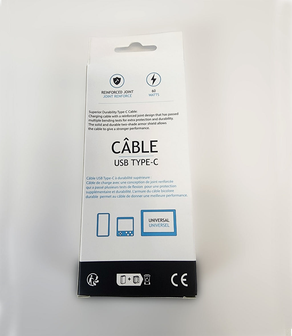 Globaltone Câble USB-C vers USB-C 60 W, charge et données, 3 pi, noir